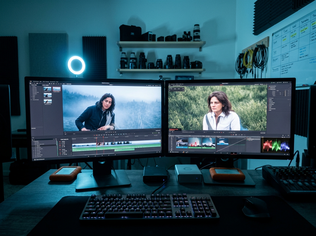 Estação de color grading em sala escura